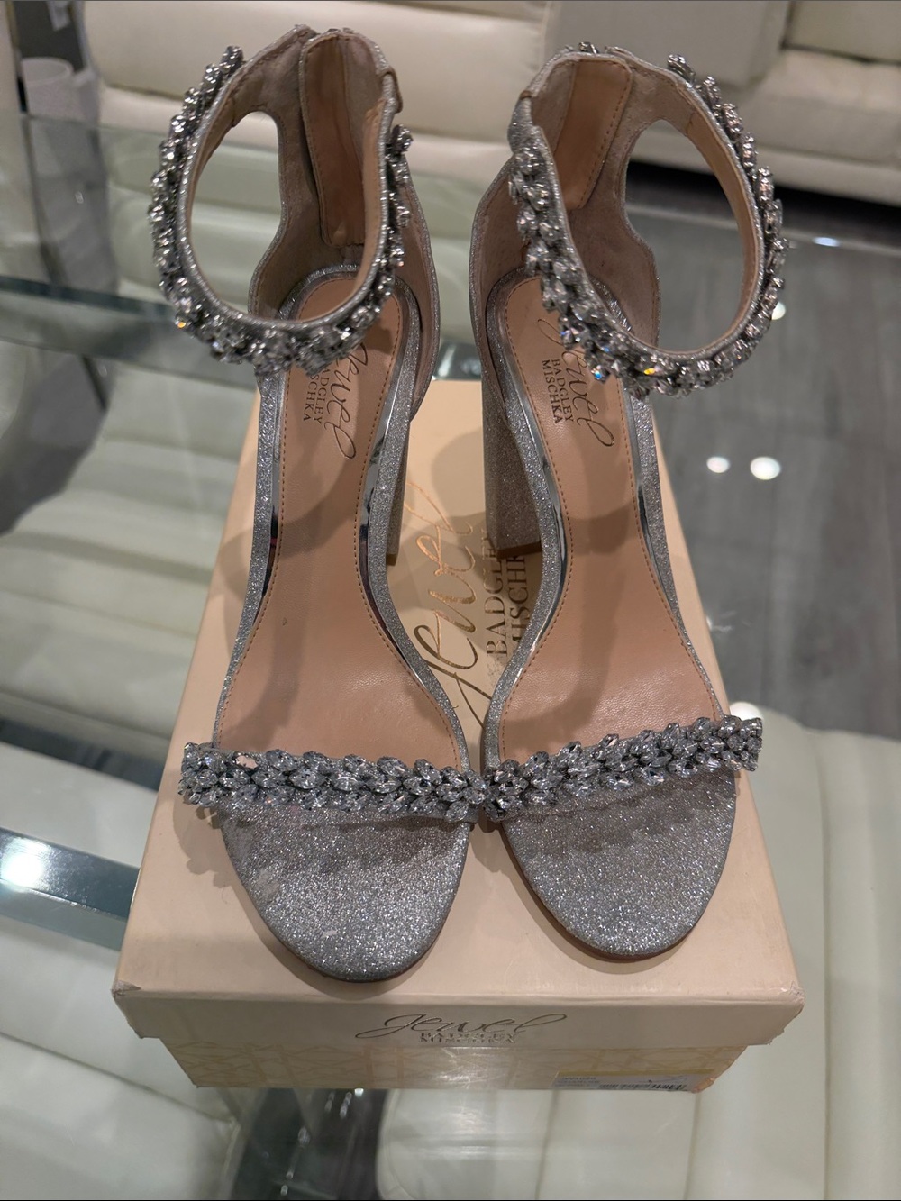 Jewel Badgley Mischka Silver Crystal-Embellished T-Strap Heels